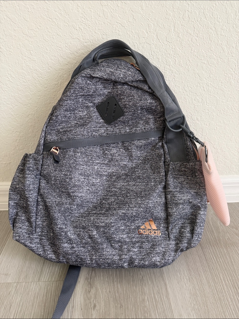 adidas Grey Heather Backpack with Rose Gold Logo and Pink Key Charm